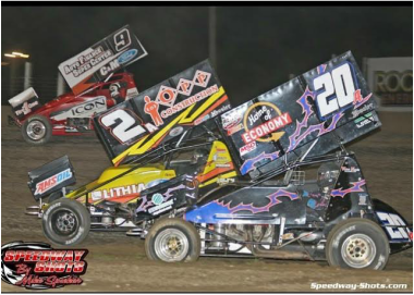 Jordan Adams battling 3 wide for second place, Home of Economy, RML Trading, Outlaw sprint car