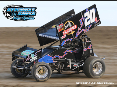 Jordan Adams working the low side of the speedway in his Home of Economy #20A, Dekalb, Devils Lake Speedway, Andy's Harley Davidson, Outlaw Sprint Cars